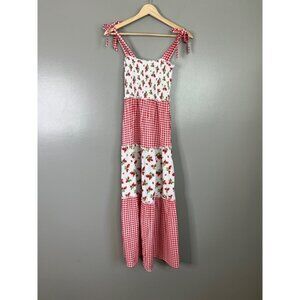 Bebop gingham checkered strawberry print smocked maxi midi dress peasant